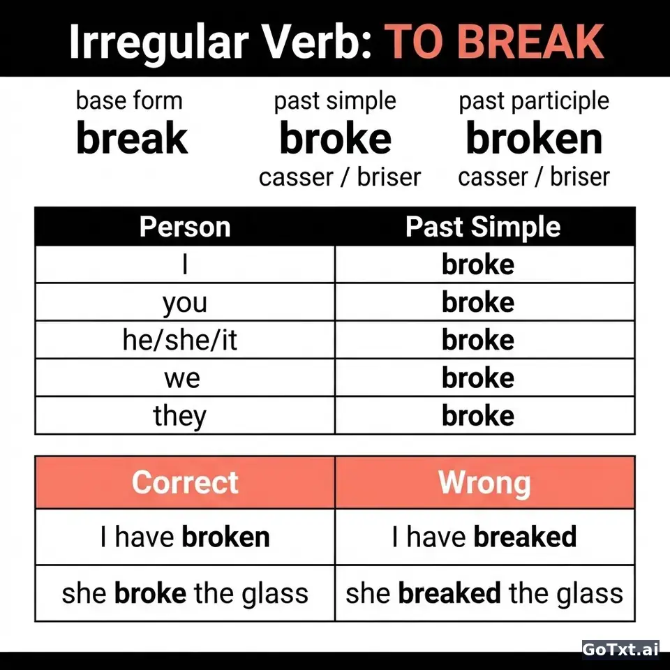 Verbes irréguliers anglais : le verbe « to break » décortiqué forme par forme — illustration | GoTxt