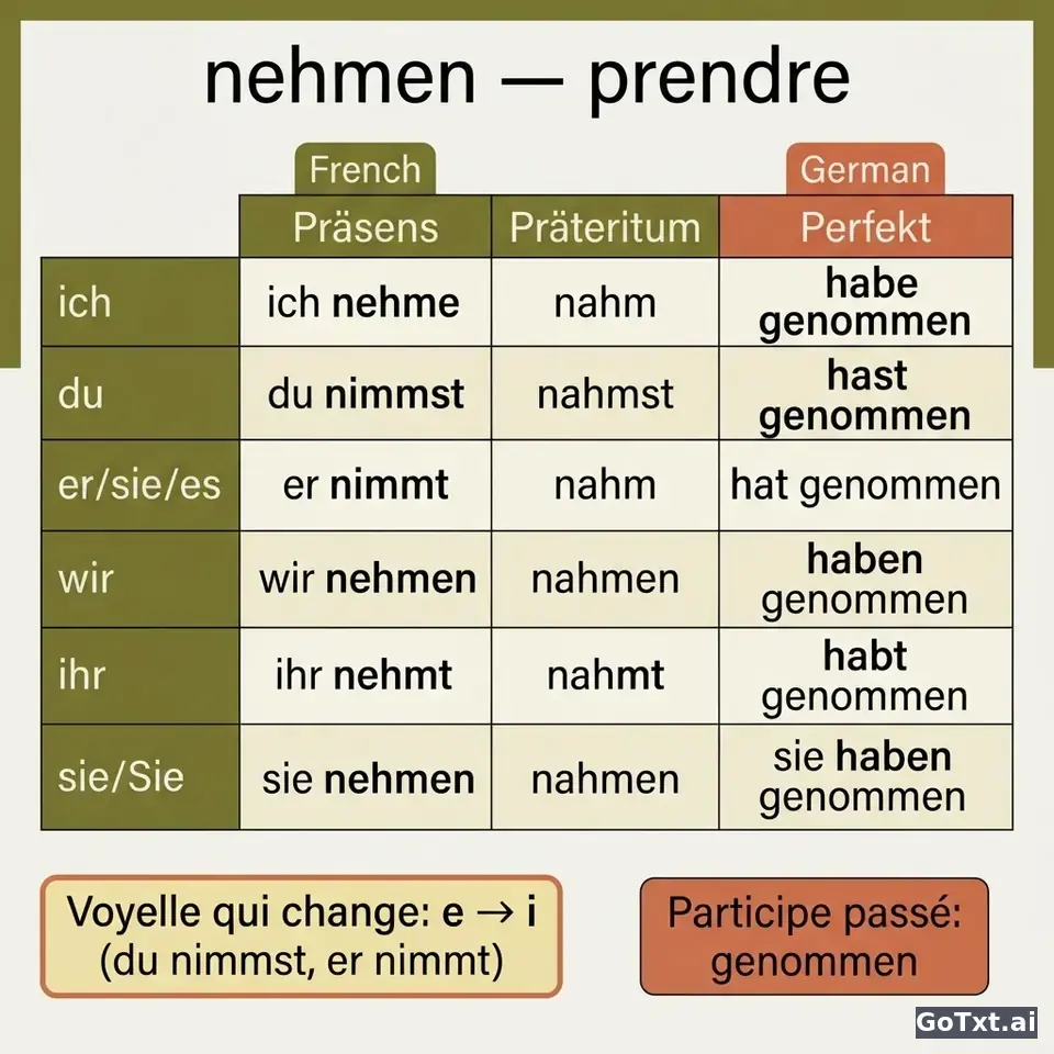 Verbes irréguliers allemands : le verbe « nehmen » décortiqué de A à Z — illustration | GoTxt