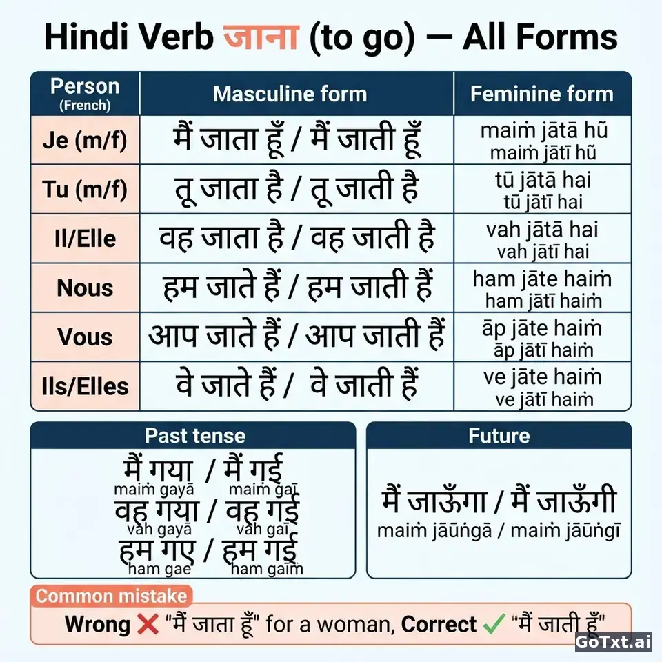 Verbes irréguliers en hindi : le verbe « aller » (**जाना**) décortiqué — illustration | GoTxt