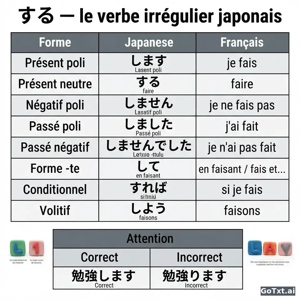 Verbes irréguliers japonais : le verbe する (suru) décortiqué, forme par forme — illustration | GoTxt