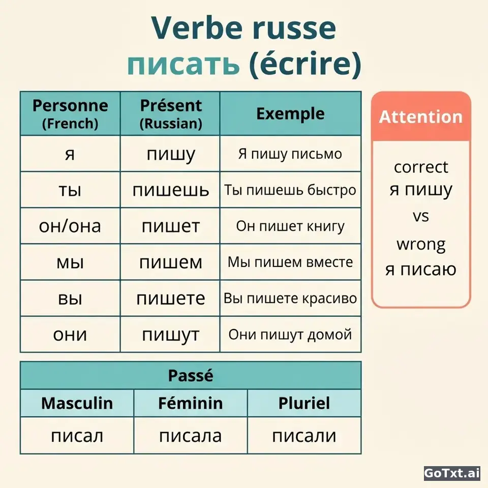 Verbes irréguliers russes : le verbe писать décortiqué, toutes ses formes — illustration | GoTxt