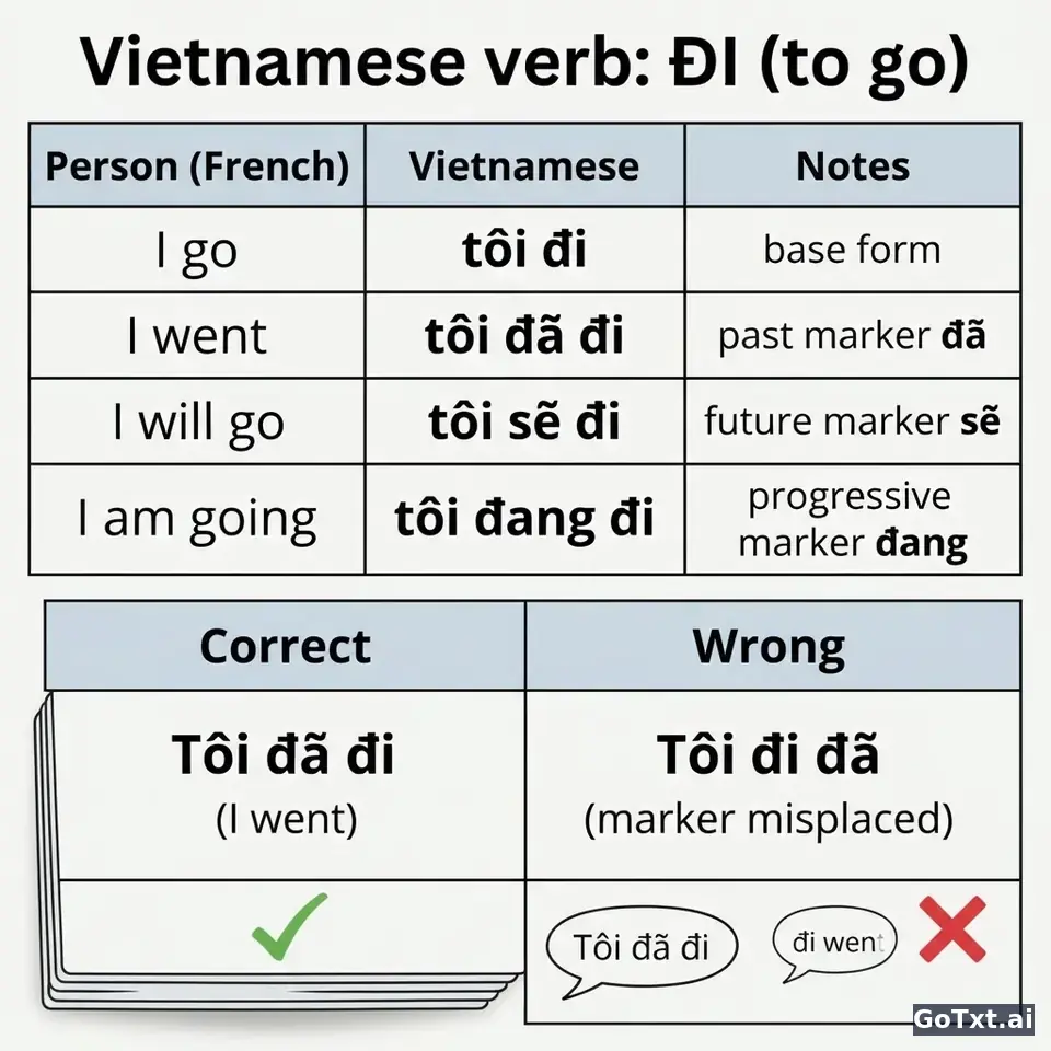 Verbes irréguliers vietnamiens : un verbe, toutes ses formes expliquées pas à pas — illustration | GoTxt