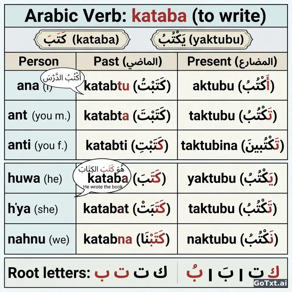 Verbi irregolari arabi: il verbo "scrivere" in tutte le sue forme — illustration | GoTxt