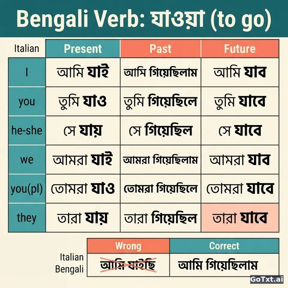 Verbi irregolari bengalesi: un verbo, tutte le forme, spiegate passo passo — illustration | GoTxt