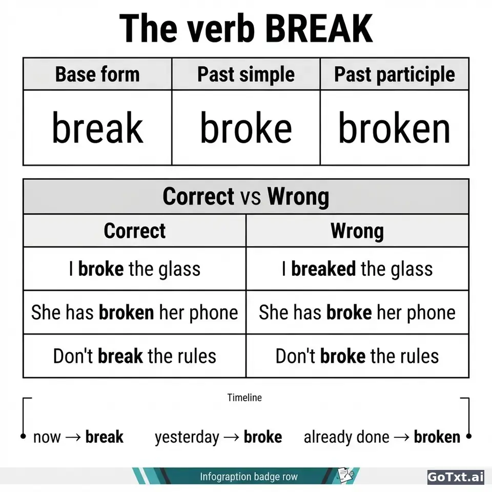 Irregular Verbs: il verbo "break" spiegato in tutte le sue forme — illustration | GoTxt