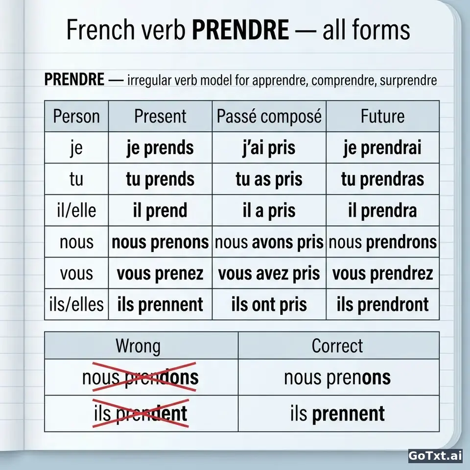 Verbi irregolari francesi: il verbo "prendre" spiegato in tutte le sue forme — illustration | GoTxt