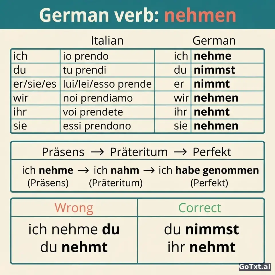 Il verbo irregolare tedesco "nehmen": tutte le forme, passo dopo passo — illustration | GoTxt