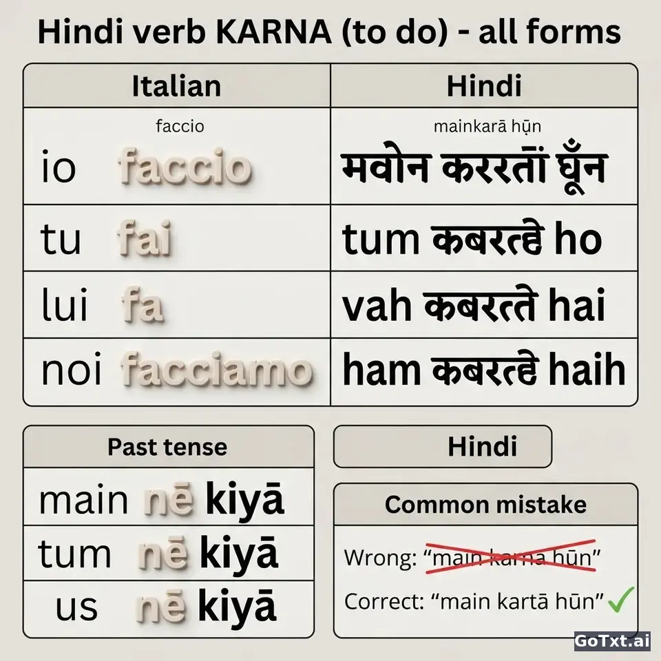 Verbi irregolari in hindi: il verbo «fare» in tutte le sue forme — illustration | GoTxt