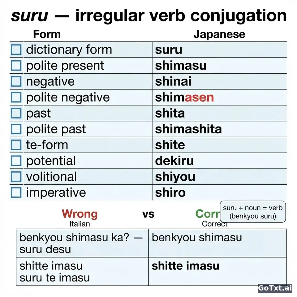Verbi irregolari giapponesi: **suru** spiegato forma per forma — illustration | GoTxt