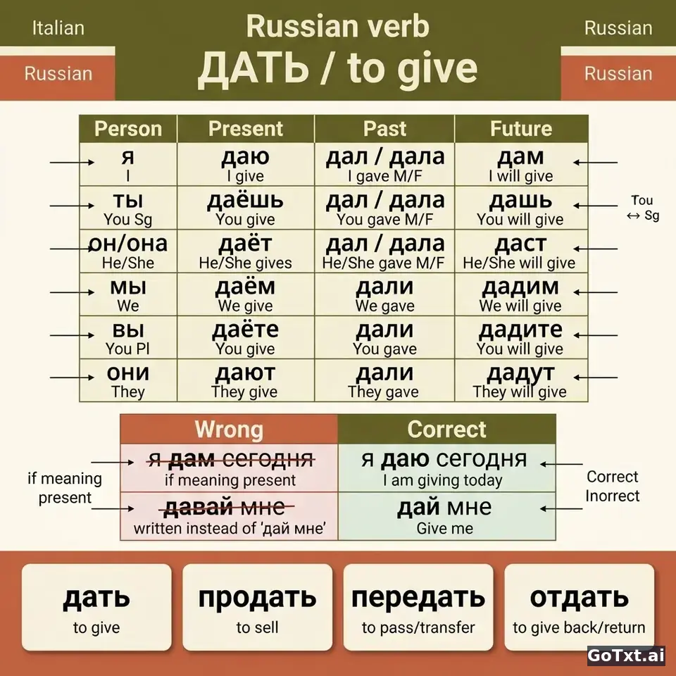 Verbi irregolari russi: il verbo "дать" in tutte le sue forme — illustration | GoTxt