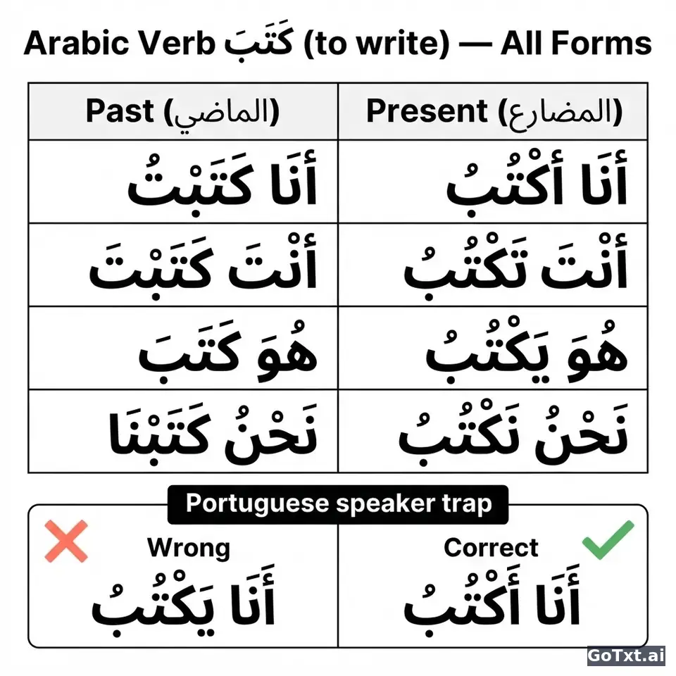 Verbos irregulares em árabe: o verbo كَتَبَ forma a forma — illustration | GoTxt