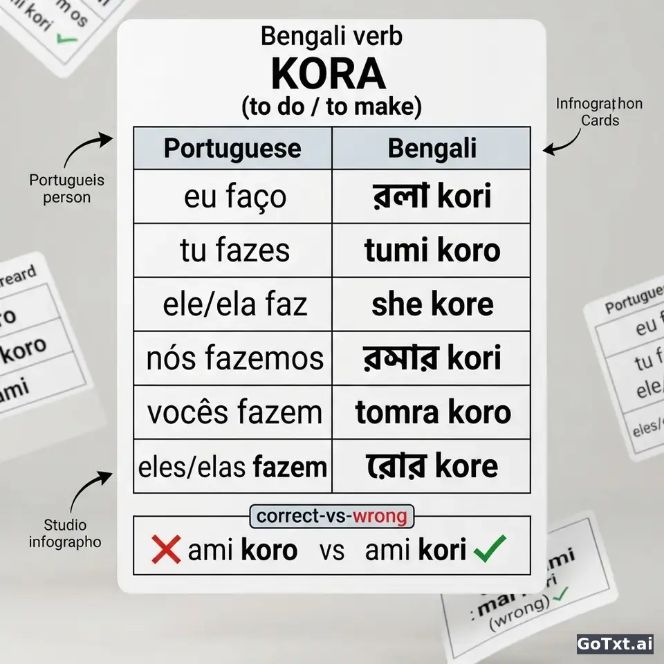 Verbos irregulares em bengali: o verbo "fazer" em todas as formas, passo a passo — illustration | GoTxt