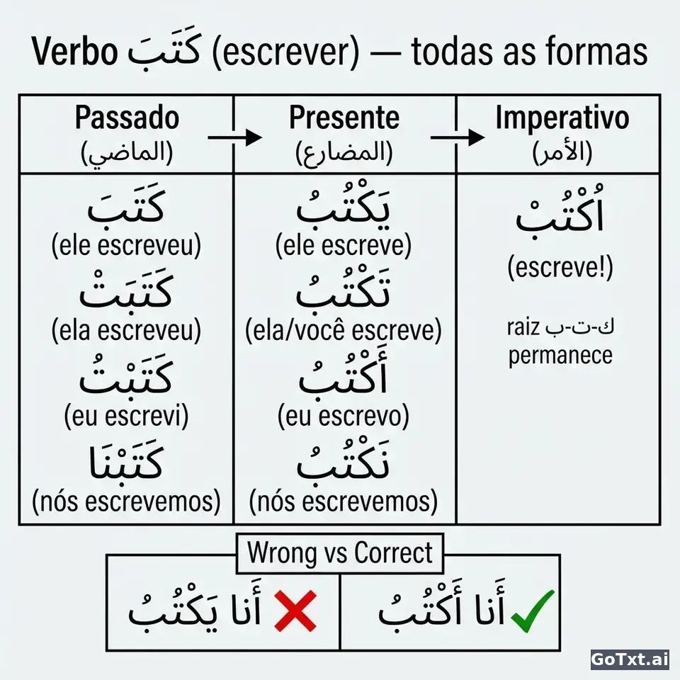 Verbos irregulares em árabe: o verbo كَتَبَ (escrever) forma por forma — illustration | GoTxt