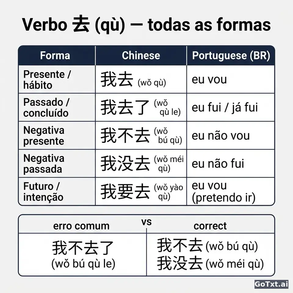 Verbos irregulares em chinês: o verbo 去 (qù) destrinchado forma por forma — illustration | GoTxt