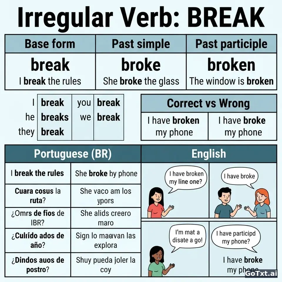 Verbos irregulares em inglês: desmontando o verbo "break" forma por forma — illustration | GoTxt