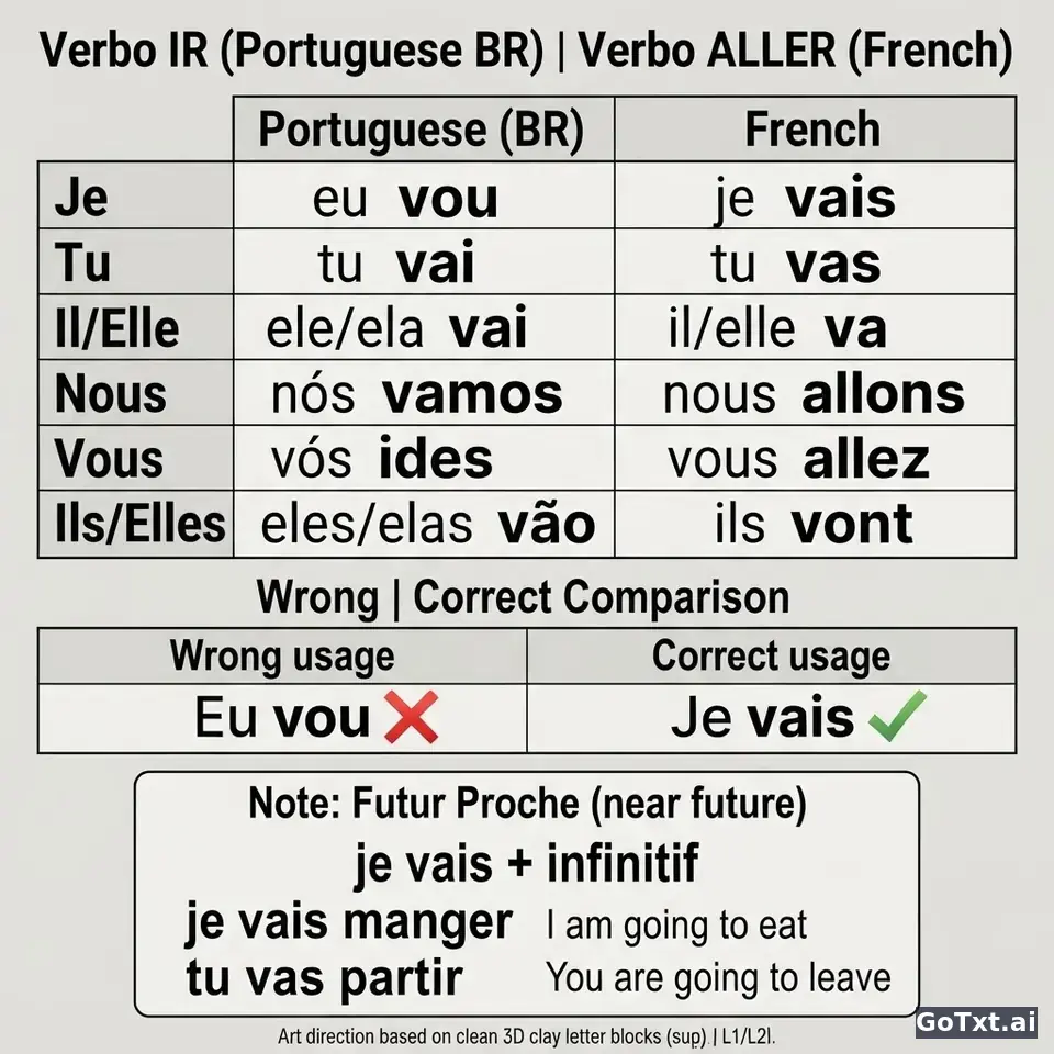 Verbo irregular francês: todas as formas do verbo "aller" explicadas passo a passo — illustration | GoTxt