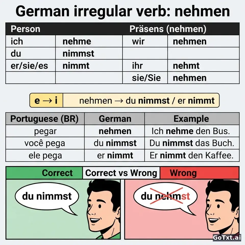 Verbos irregulares em alemão: o verbo "nehmen" forma por forma — illustration | GoTxt