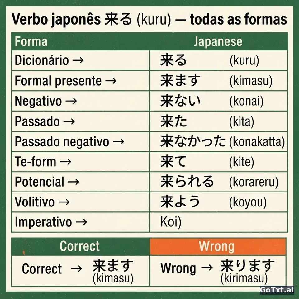 Verbos irregulares em japonês: desmontando o 来る (kuru) forma por forma — illustration | GoTxt