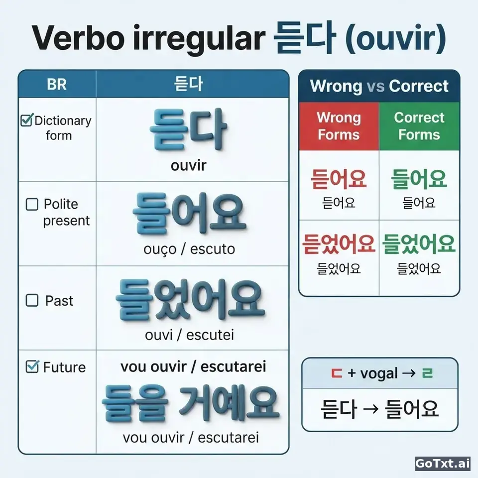 Verbos irregulares em coreano: o verbo **듣다** (ouvir) forma por forma — illustration | GoTxt