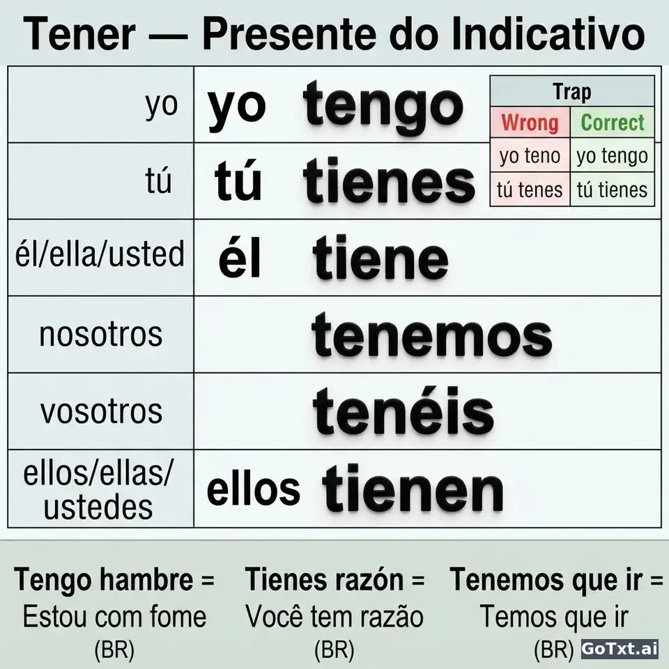 Verbos irregulares em espanhol: destrinchando o verbo "tener" forma por forma — illustration | GoTxt