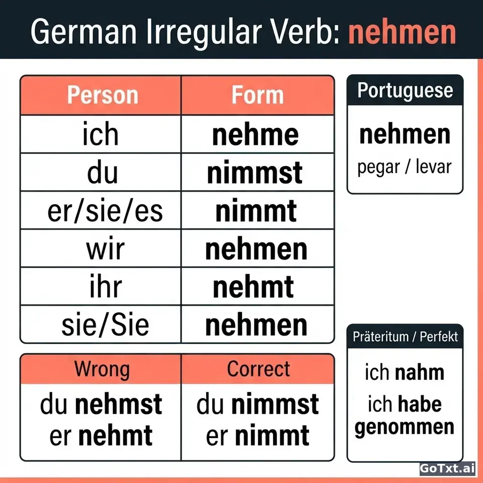Verbos irregulares em alemão: o verbo **nehmen** desmontado forma a forma — illustration | GoTxt