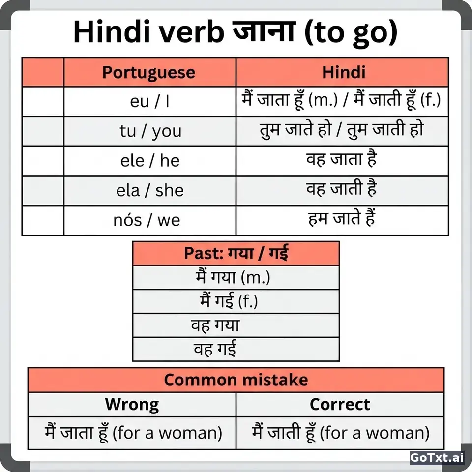 Verbos irregulares em hindi: o verbo «ir» (जाना) explicado forma a forma — illustration | GoTxt