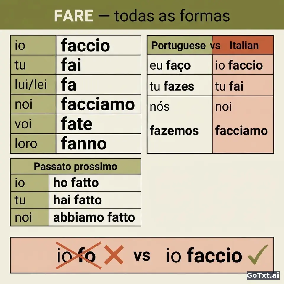 Verbos irregulares em italiano: dissezionare **fare** forma a forma — illustration | GoTxt