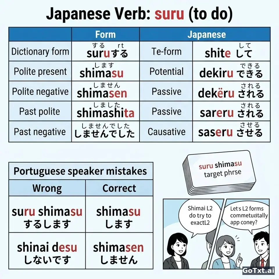 Verbos irregulares em japonês: **suru** desmontado forma a forma — illustration | GoTxt