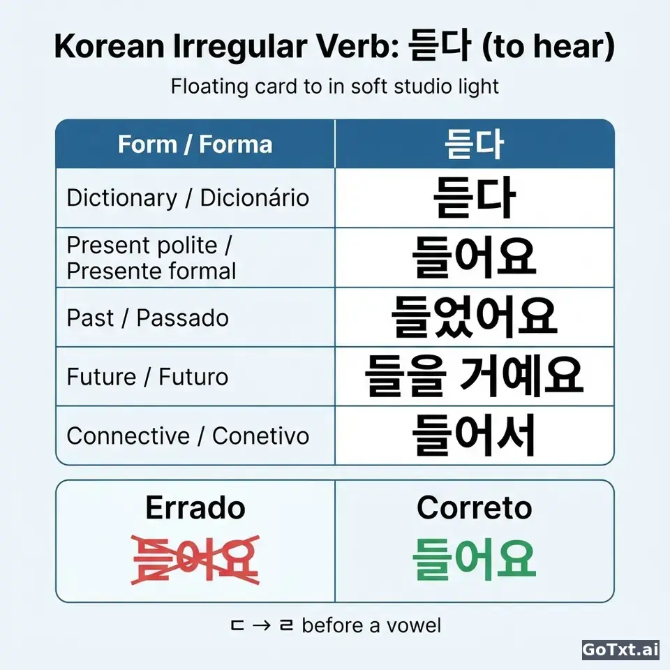 Verbos irregulares em coreano: o verbo **듣다** explicado forma a forma — illustration | GoTxt