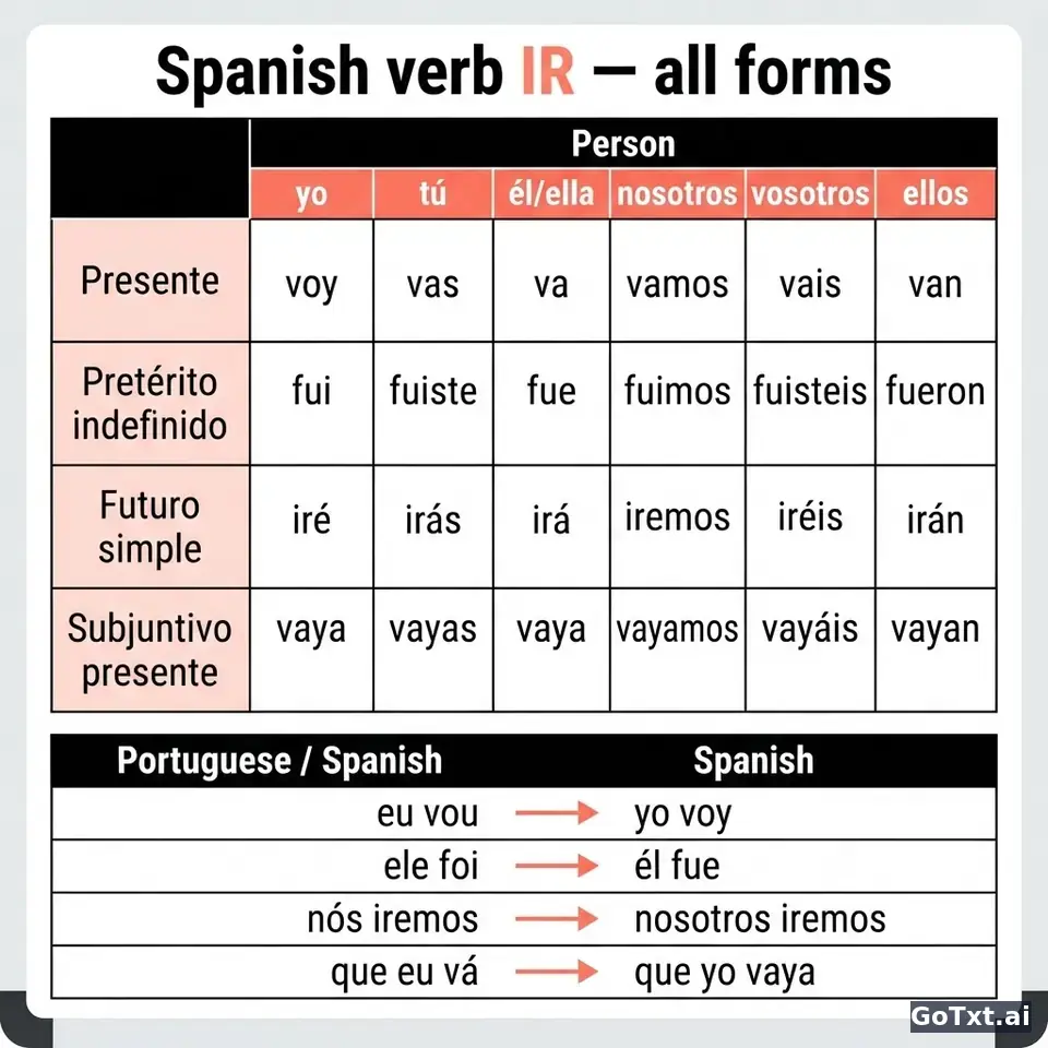 Verbos irregulares em espanhol: o verbo "ir" forma a forma, explicado passo a passo — illustration | GoTxt