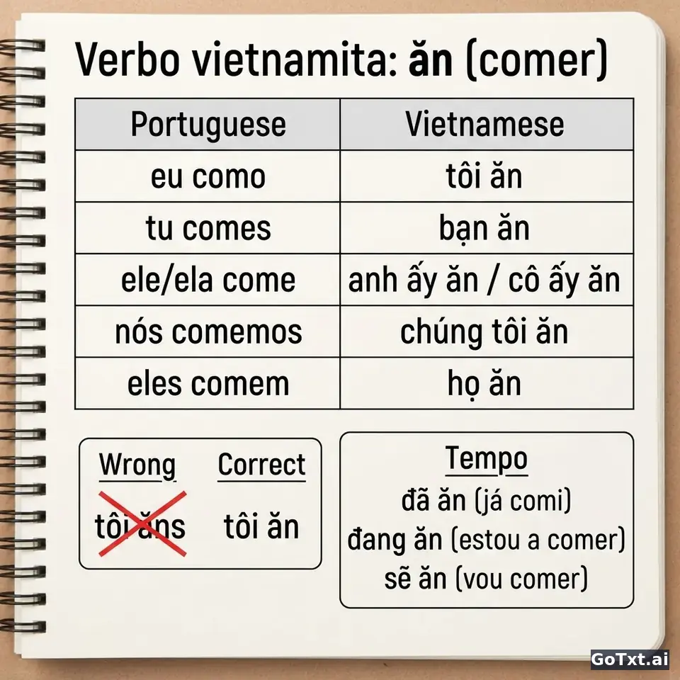 Verbos irregulares em vietnamita: desmontar **ăn** forma a forma — illustration | GoTxt