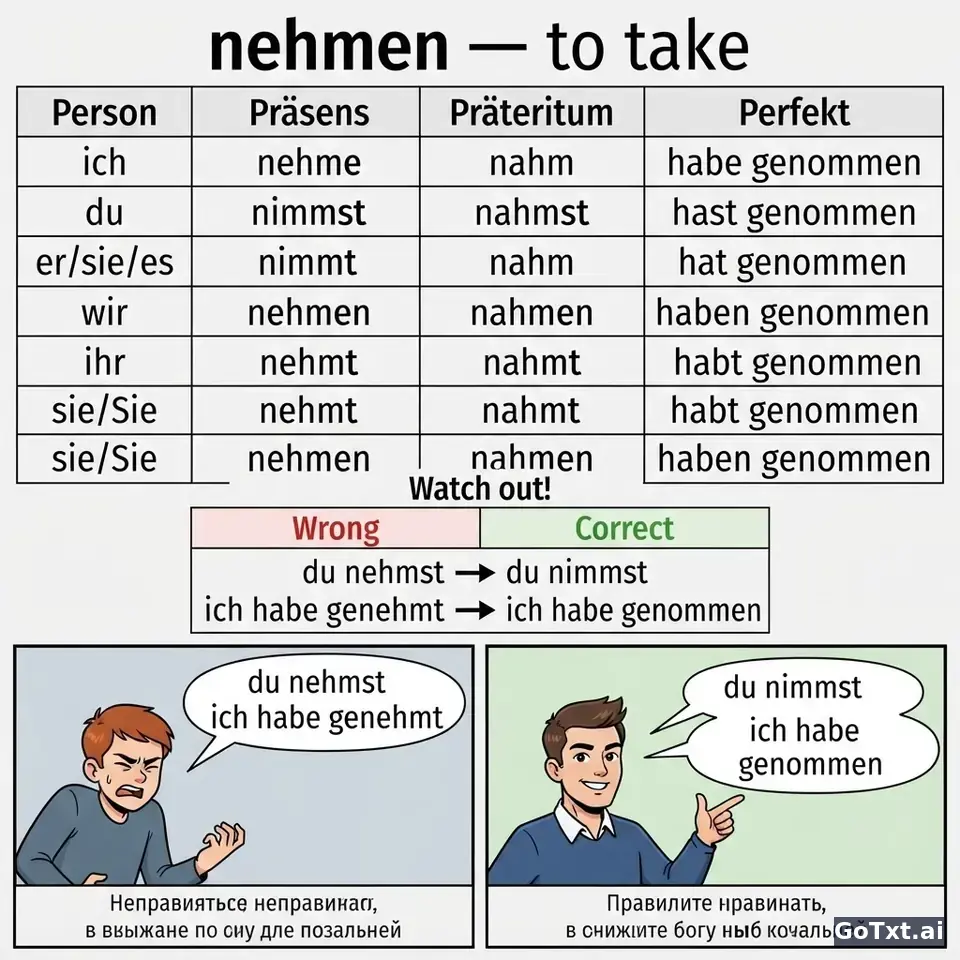 Немецкие неправильные глаголы: разбираем **nehmen** по всем формам — illustration | GoTxt