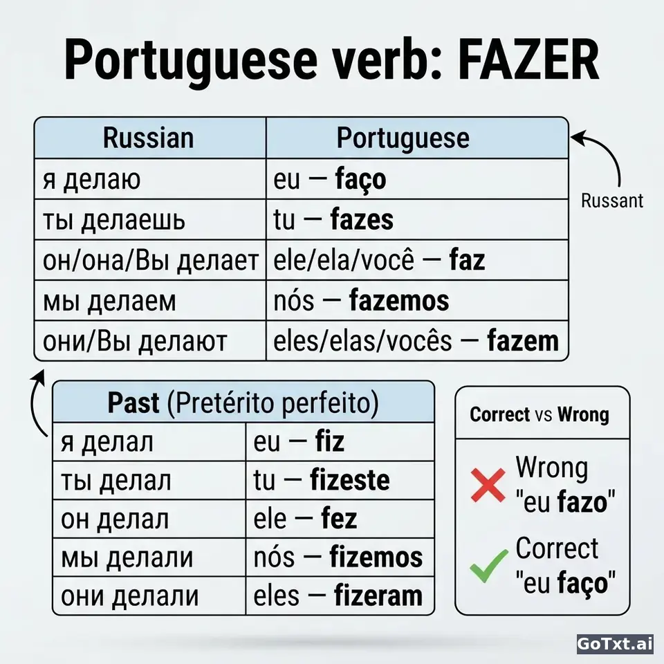 Неправильные глаголы в португальском: разбираем **fazer** по формам — illustration | GoTxt
