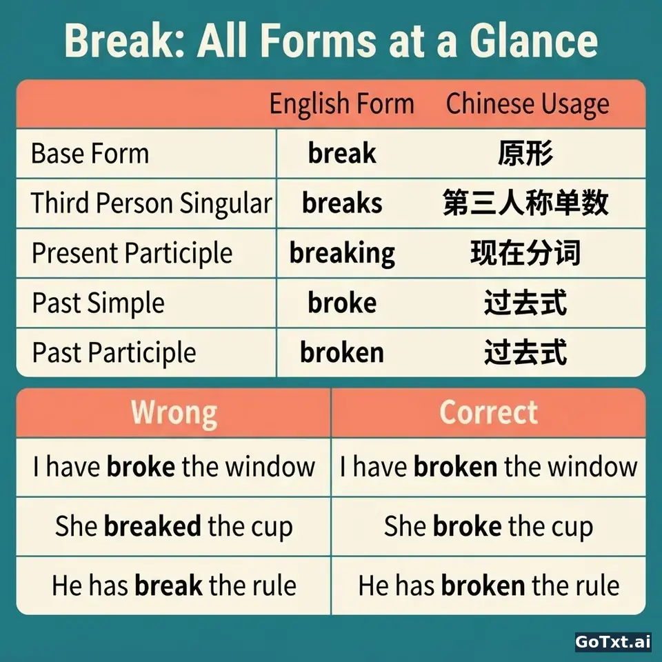 一个不规则动词的全套变身：break 的六种形式，一次讲透 — illustration | GoTxt