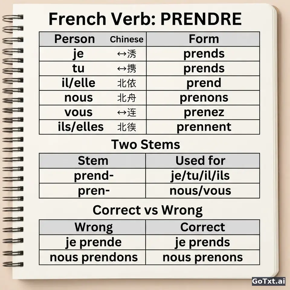 法语不规则动词全解析：以 prendre 为例，一次搞懂所有变位 — illustration | GoTxt