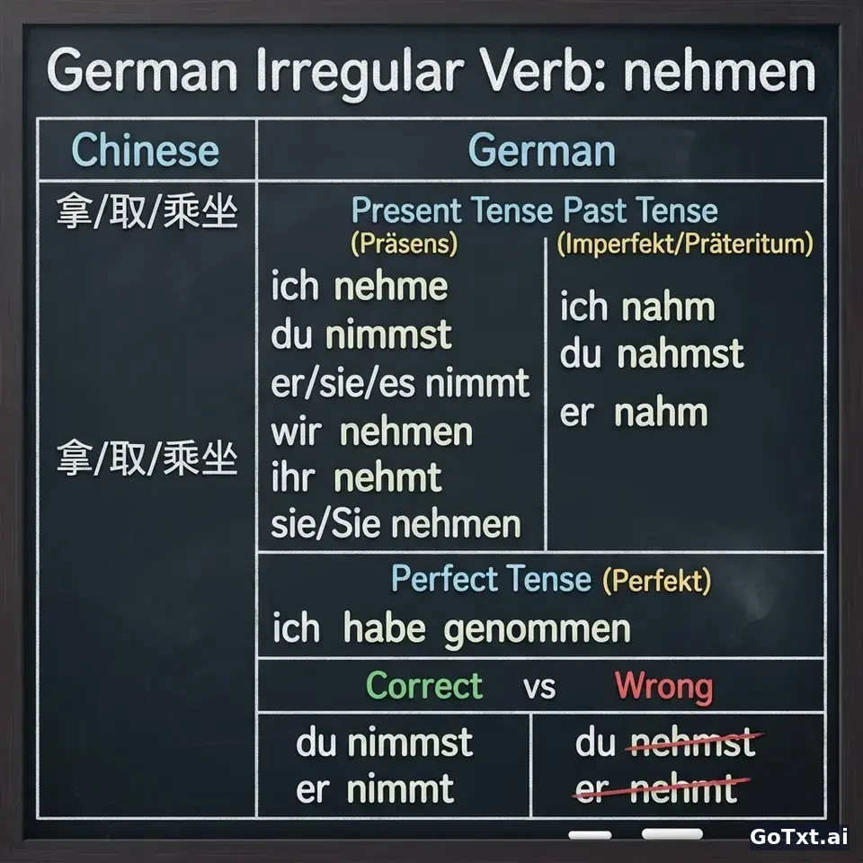 德语不规则动词全解析：以 nehmen 为例，一次搞懂所有变位 — illustration | GoTxt