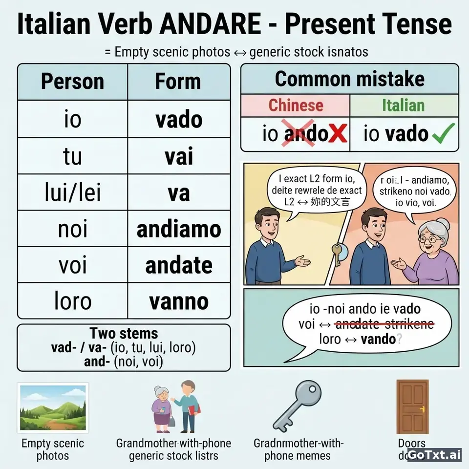 意大利语不规则动词全解：以 **andare** 为例，一次搞懂所有变位 — illustration | GoTxt