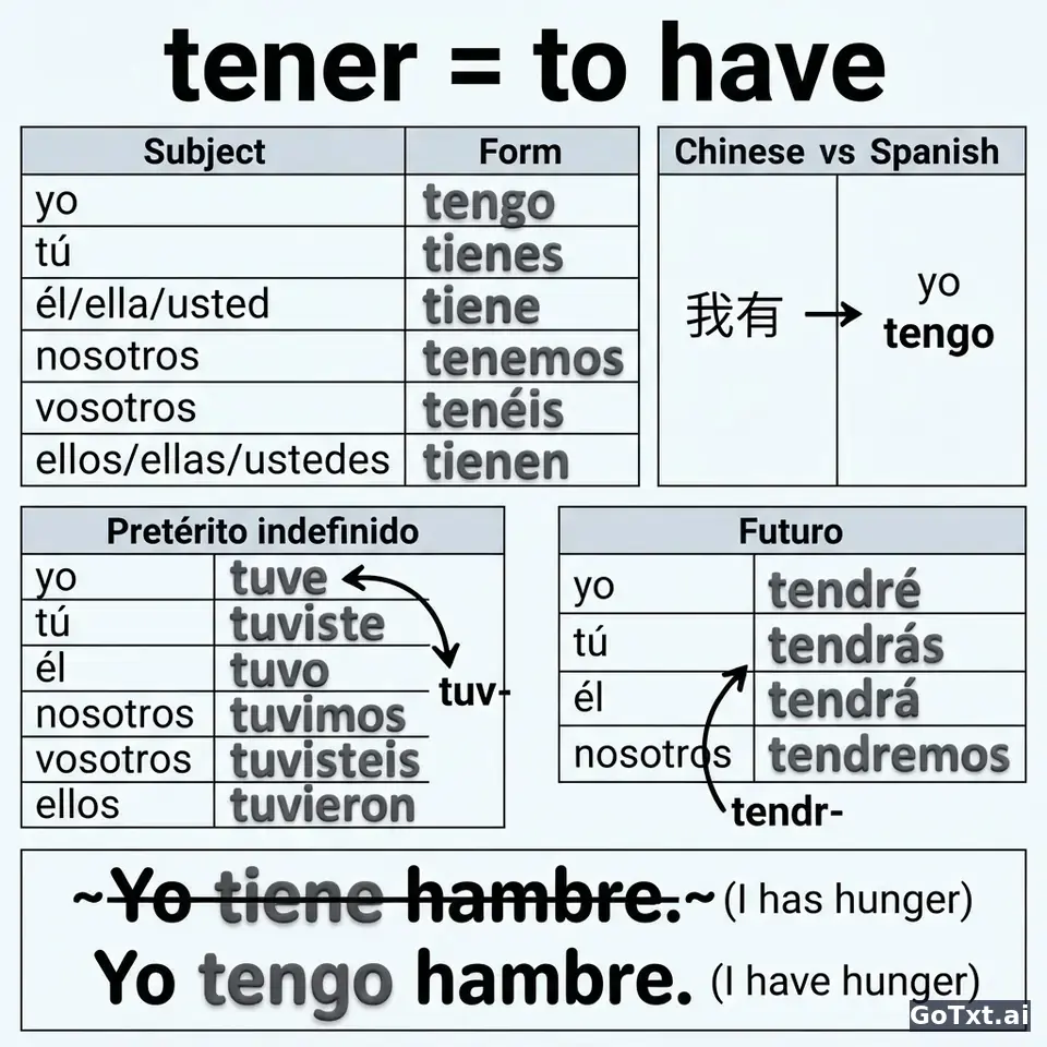 西语不规则动词全解：以 tener 为例，一次搞懂所有变位 — illustration | GoTxt