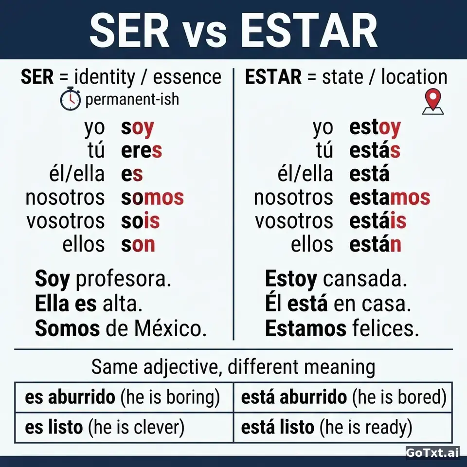 Ser vs Estar: Why "To Be" Has Two Faces in Spanish — illustration | GoTxt