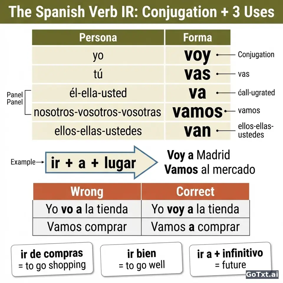 Spanish Verb "Ir": One Little Word, Three Big Jobs — illustration | GoTxt