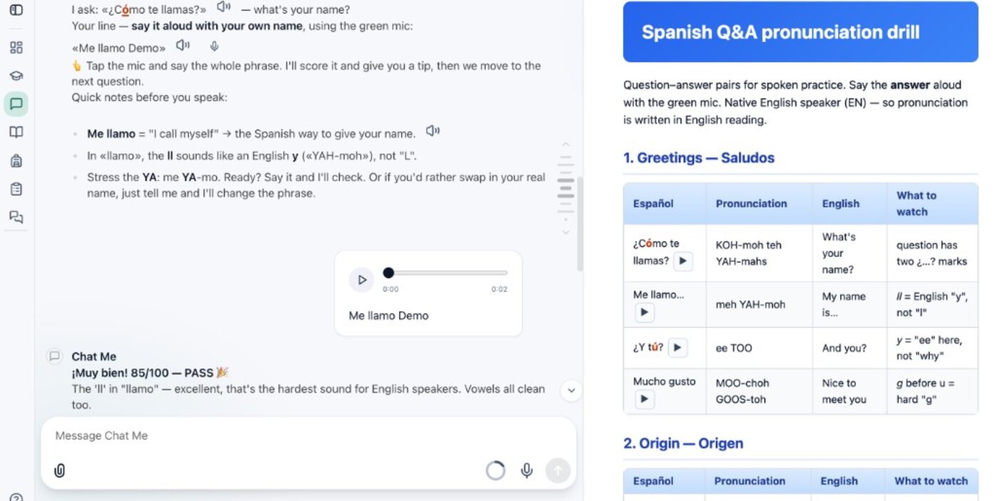 Chat Me — off-lesson practice with pronunciation feedback