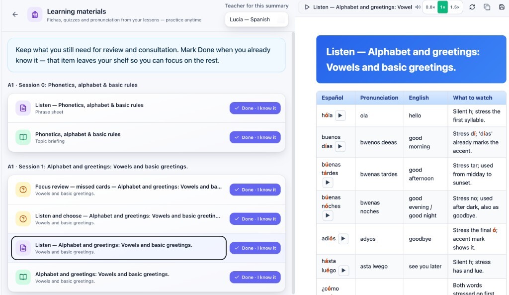 Learning materials shelf — sheets, quizzes, pronunciation
