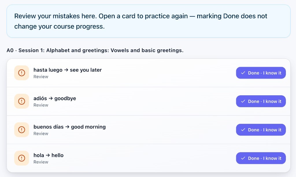 Error review — practice weak spots from lessons